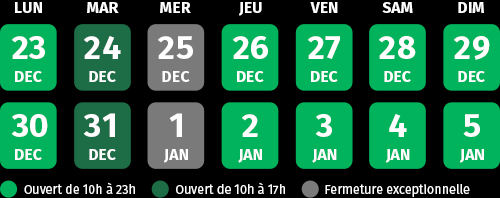 Calendrier des jours d'ouverture pendant les vacances de Noël 2019
