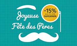 Dessin d'un sourcil, d'un monocle et d'un moustache avec le texte : Joyeuse fête des pères -15% de réduction avec le code SUPERPAPA