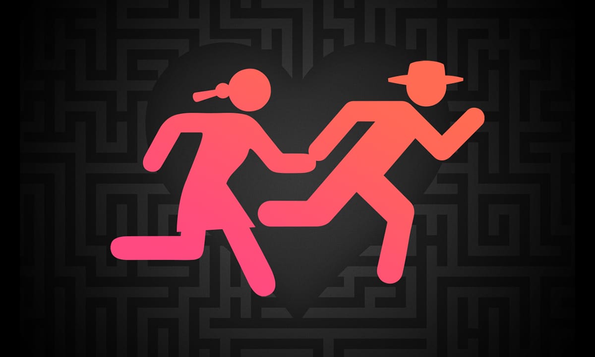 Dessin d'un couple en train de courir pour s'échapper sur un fond en forme de coeur avec un motif de labyrinthe